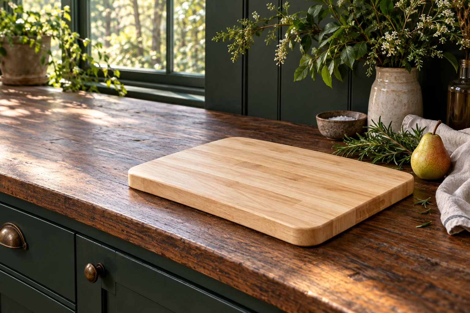 Natural rubberwood board in a warm forest-green kitchen